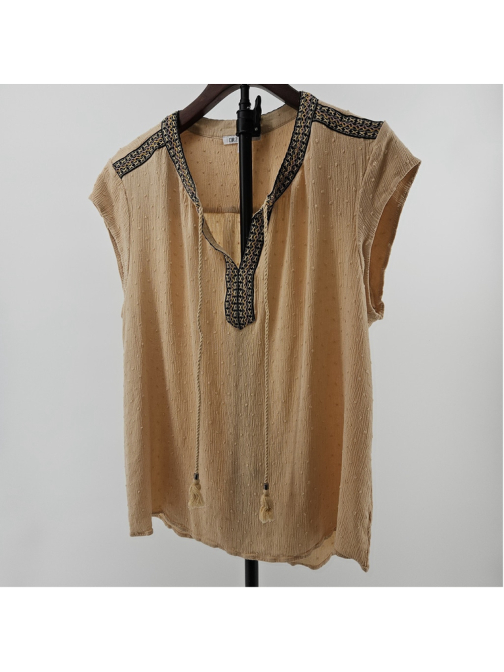 DR2 Women’s XL Beige Swiss Dot Blouse Embroidered Tassel Tie Boho Peasant...